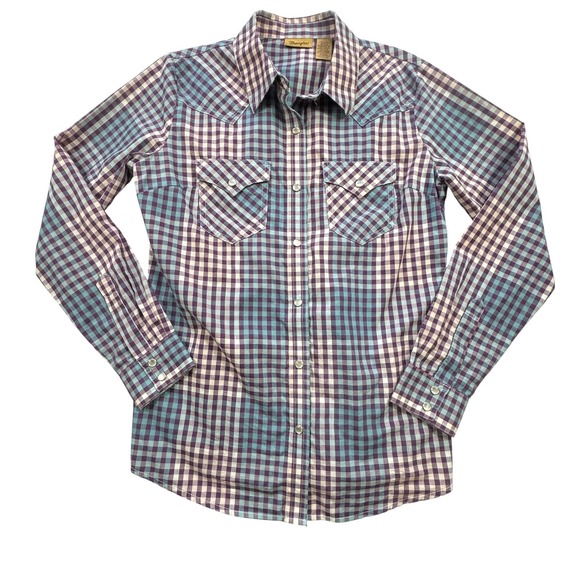 Wrangler Tops - Wrangler Western Shirt Womens Small Purple Teal Plaid Pearl Snap Retro Cowgirl